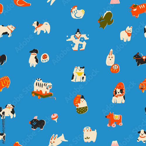 Japanese folk traditional vintage toys seamless pattern. Daruma, maneki neko, cats and dogs dolls.