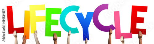 Foto Lifecycle - human hands holding colorful letters