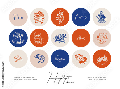 Set of hand drawn line art food and beverages illustrations for social media highlight cover