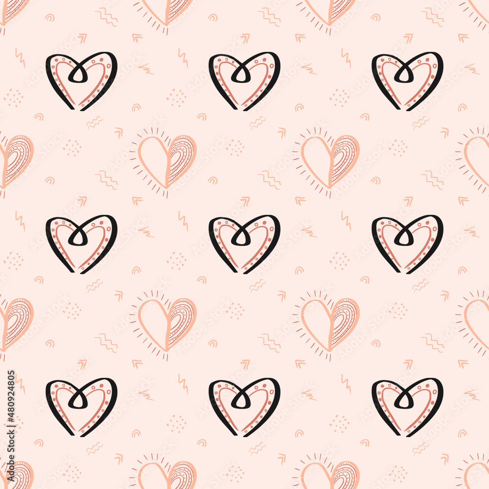 Hand drawn seamless pattern for Valentines Day on pink background. Can be used for wallpaper, pattern fills, web page background,surface textures.