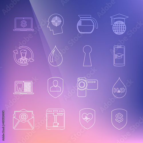 Set line Shield and dollar, Water drop with H2O, Graduation cap on mobile, Coffee pot, Human resources, Laptop and Keyhole icon. Vector