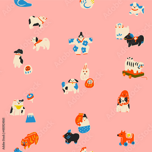 Japanese folk traditional vintage toys seamless pattern. Daruma, maneki neko, cats and dogs dolls.