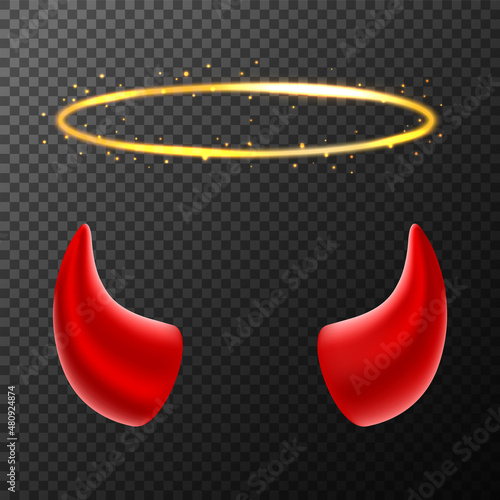 Realistic Detailed 3d Golden Angel Ring and Red Devil Horns Set on a Transparent Background. Vector illustration