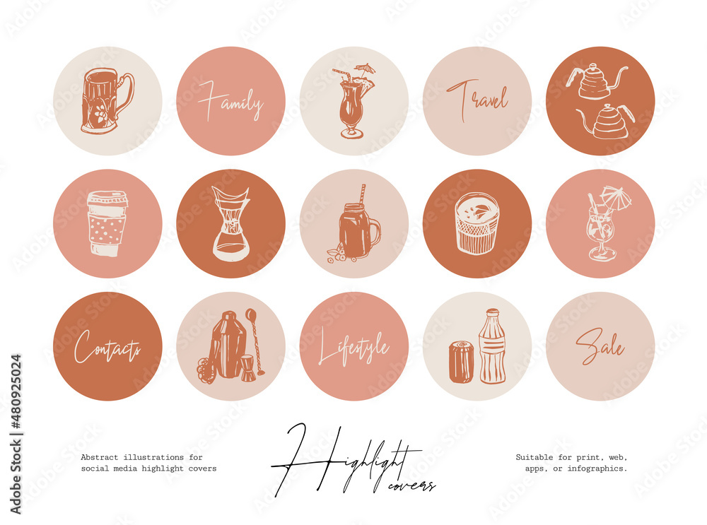 Set of hand drawn line art food and beverages illustrations for social media highlight cover Set of hand drawn line art food and beverages illustrations for social media highlight cover