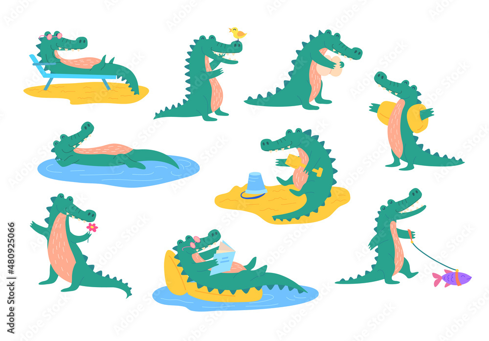 Plakat Cartoon Color Character Cute Crocodile Mascot Icon Set Flat Design Style . Vector illustration of Crocodiles Resting, Reading and Walking