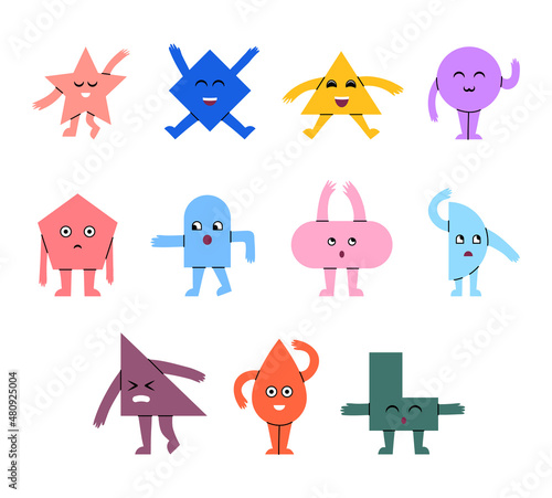 Cartoon Color Character Geometric Comic Creature Mascot with Different Emotions Icon Set Flat Design Style. Vector illustration