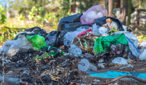 Real nature life climate crisis, land near forest park pollution. Dirty ground, throwing outdoor plastic litter waste, need environmental protection. Problem of garbage caused by man made