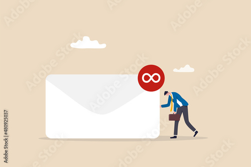 Busy email overload, inefficient communication, anxiety, exhausted or burnout from too many messages concept, desperate hopelessness businessman with his inbox with infinity unread emails.