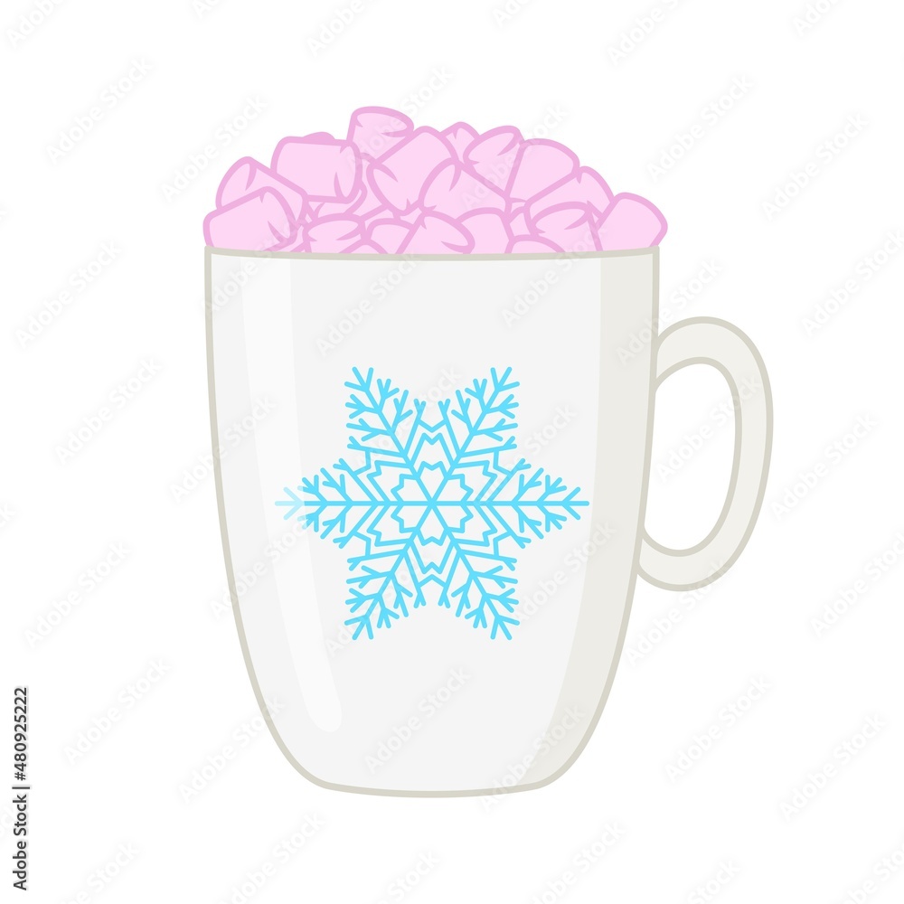 Cute mug with hot drink and marshmallows. A cup with a snowflake. Vector linear illustration isolated on white background Cute mug with hot drink and marshmallows. A cup with a snowflake. Vector linear illustration isolated on white background
