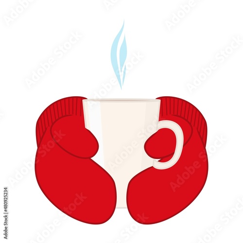 Hands in winter mittens hold a cup of hot drink. Vector illustration isolated on white background