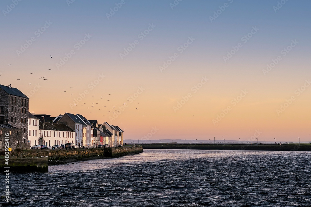 Houses by a river. calm pastel color sky in the background. Town urban scene. The Long walk, Galway city, Ireland. Dusk, sunset time. Many seagulls flying in the air.