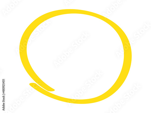 Yellow circle pen draw. Highlight hand drawn circle isolated on white background. Handwritten yellow circle. For marker pen, pencil, logo and text check. Vector illustration