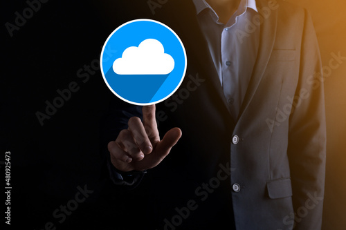 Businessman hold cloud icon.Cloud computing concept - connect smart phone to cloud. computing network information technologist with smart phone.Big data Concept.flat icons with long shadows