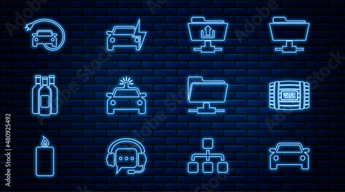 Set line Car, Wooden barrel for wine, FTP folder upload, Police car and flasher, Bottles of, Electric, and icon. Vector