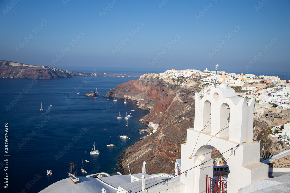 Domes, steeples, bells and white buildings of Santorini, Greece