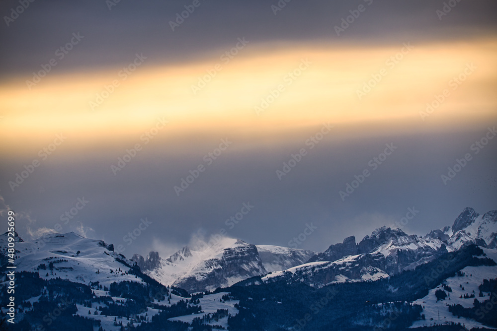 Mountain panorama in mystical evening light