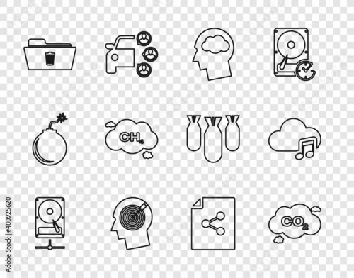 Set line Hard disk drive on sharing network, CO2 emissions cloud, Head silhouette with, hunting concept, Delete folder, Methane reduction, Share file and Music streaming service icon. Vector