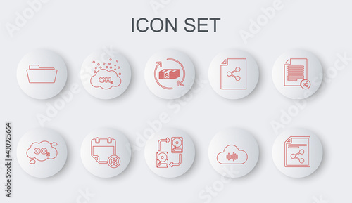 Set line Share file, CO2 emissions in cloud, Refund money, Music streaming service, Folder, Methane reduction, Financial calendar and Data exchange with hhd icon. Vector