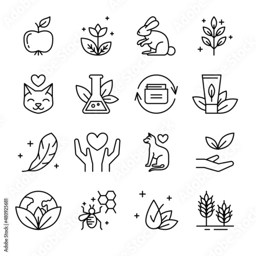 Organic Cosmetic Sign Black Thin Line Icon Set Include of Gluten and Rabbit. Vector illustration of Natural Ingredient Icons