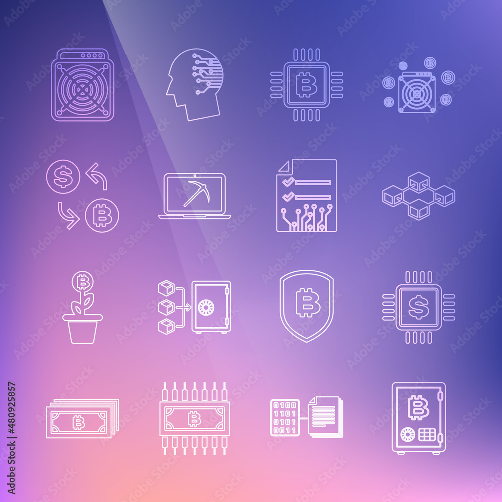 Set line Proof of stake, Processor chip with dollar, Blockchain technology, CPU mining farm, Mining laptop and pickaxe, Cryptocurrency exchange, ASIC Miner and Smart contract icon. Vector Set line Proof of stake, Processor chip with dollar, Blockchain technology, CPU mining farm, Mining laptop and pickaxe, Cryptocurrency exchange, ASIC Miner and Smart contract icon. Vector