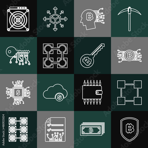 Set line Shield with bitcoin, Blockchain technology, Cryptocurrency circuit, Bitcoin think, key, ASIC Miner and icon. Vector