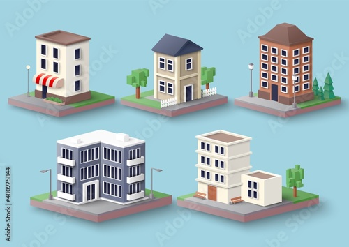 City apartment building set, vector illustration. Isometric multi storey residential house exterior, home facade.