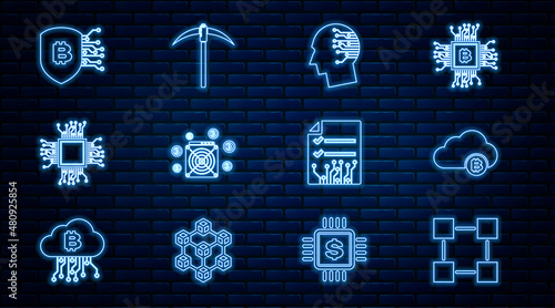 Set line Blockchain technology, Cryptocurrency cloud mining, Brain as digital circuit board, ASIC Miner, Processor, Shield with bitcoin, Smart contract and Pickaxe icon. Vector