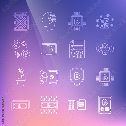 Set line Proof of stake, Processor chip with dollar, Blockchain technology, CPU mining farm, Mining laptop and pickaxe, Cryptocurrency exchange, ASIC Miner and Smart contract icon. Vector