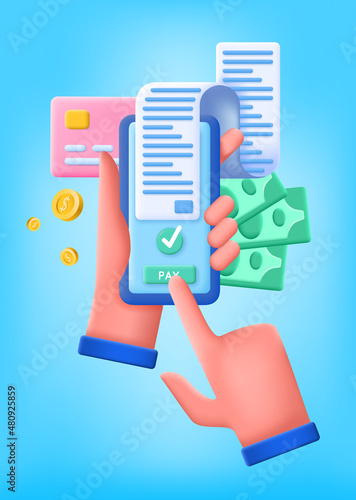3d Smart Phone Paying Concept Plasticine Cartoon Style. Vector illustration of Hand Holding Smartphone and Push Pay