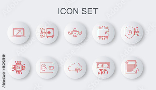 Set line Smart contract, CPU mining farm, Blockchain technology, Cryptocurrency bitcoin with circuit, Mining laptop and pickaxe, Proof of stake, wallet and cloud icon. Vector
