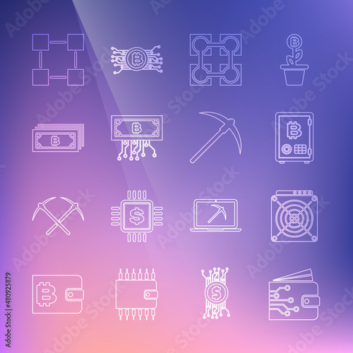 Set line Cryptocurrency wallet, ASIC Miner, Proof of stake, Blockchain technology, bitcoin with circuit, and Pickaxe icon. Vector