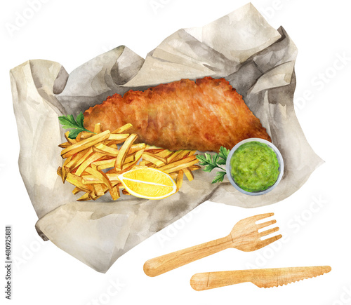 Photography British fast food, fish and chips takeaway