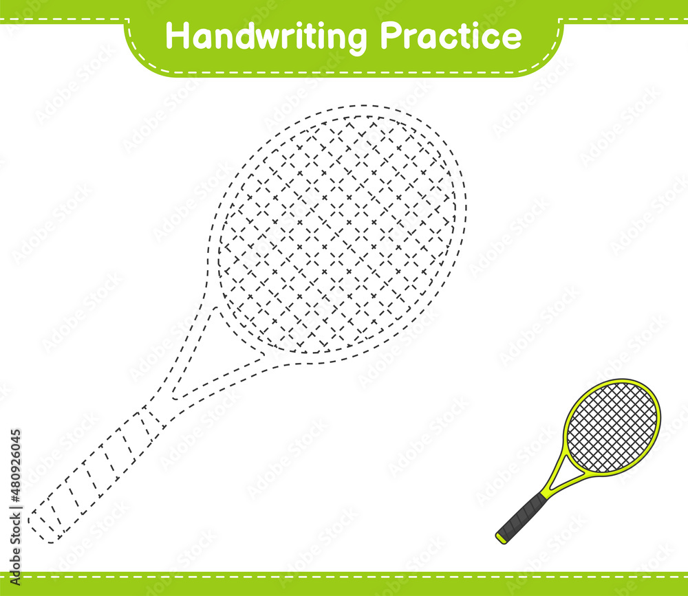 Handwriting practice. Tracing lines of Tennis Racket. Educational