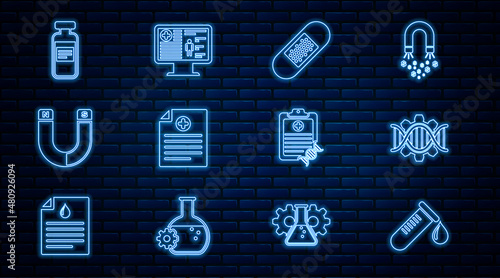 Set line Test tube with drop of blood, Genetic engineering, Bandage plaster, Clinical record, Magnet, Medical vial, ampoule, Clipboard DNA analysis and on monitor icon. Vector