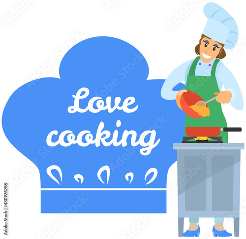 Fototapeta Naklejka Na Ścianę i Meble -  Kitchen emblem, food studio label. Chef conducts culinary class about cooking. Hand drawn lettering for premium cooking masterclass. Woman preparing dish, working with kitchen equipment, cooking time