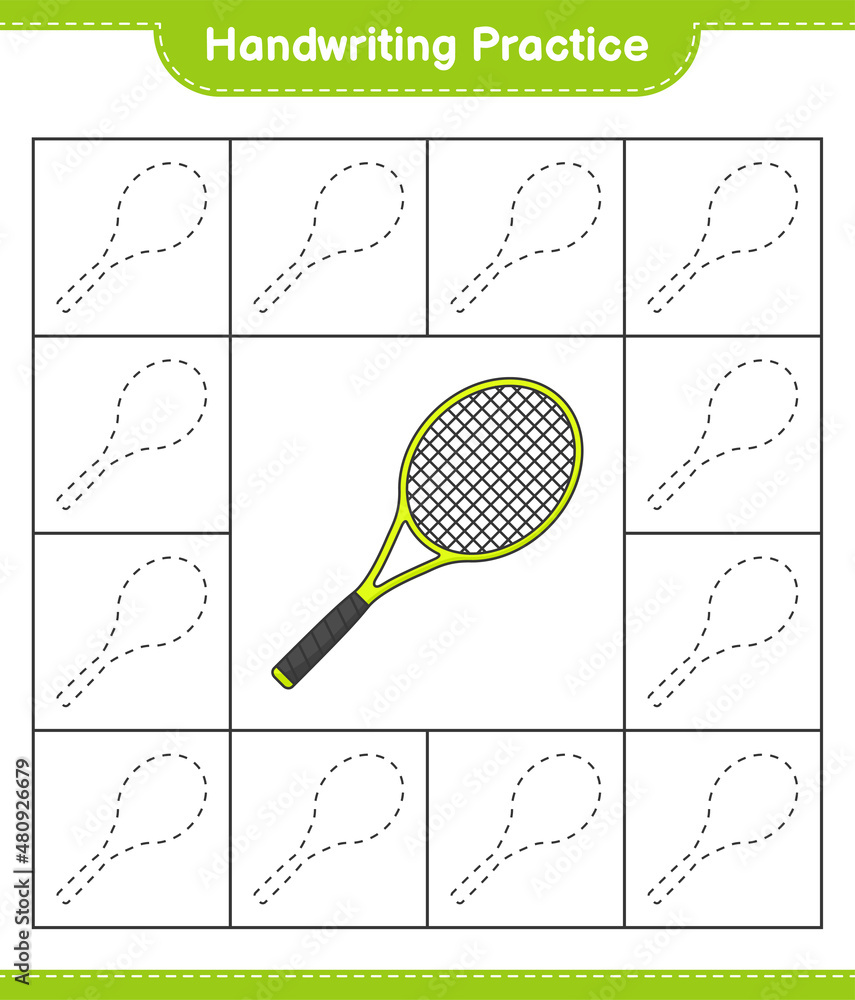 Handwriting practice. Tracing lines of Tennis Racket. Educational