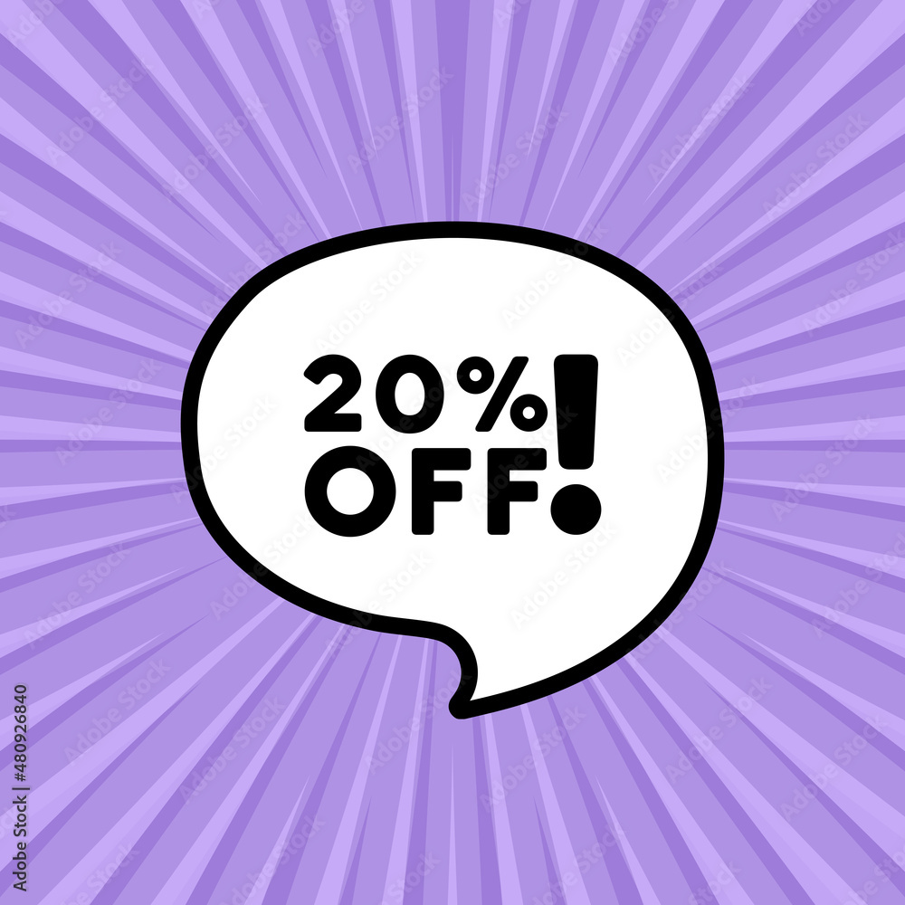Speech bubble with 20 percent off text. Mega sale banner. Boom retro comic style. Pop art style. Vector line icon for Business and Advertising Speech bubble with 20 percent off text. Mega sale banner. Boom retro comic style. Pop art style. Vector line icon for Business and Advertising