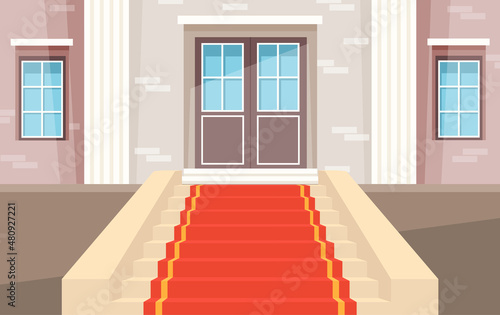 Red carpet and pedestal for rewarding ceremony. Decorated stairs for star guests of event. Red carpet velvet at entrance to building. Staircase for celebrity welcome ceremony vector illustration