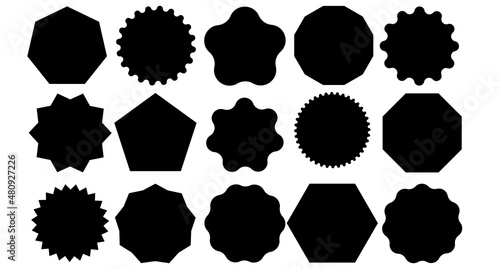 Template of stickers of various shapes for sale and business promotion. Empty black label or price tag. figures
 sprockets with sharp or rounded teeth. Vector illustration.