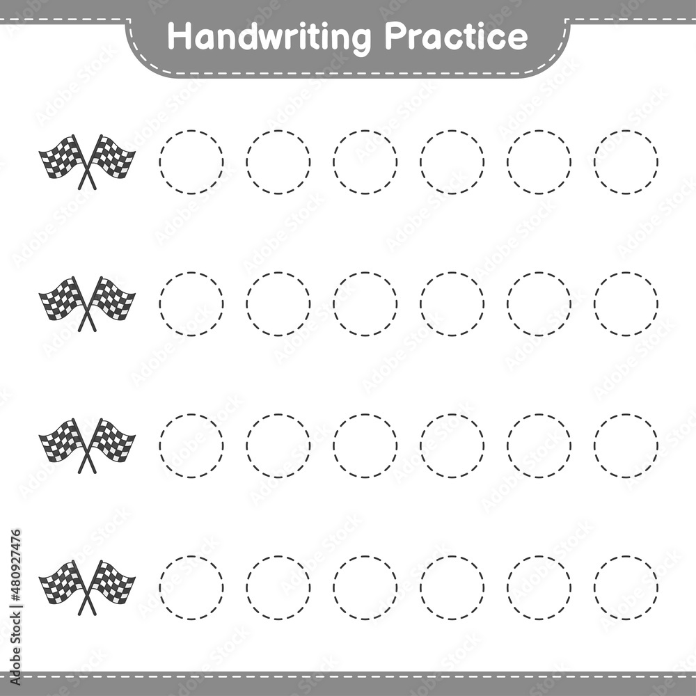 Obraz premium Handwriting practice. Tracing lines of Racing Flags. Educational children game, printable worksheet, vector illustration
