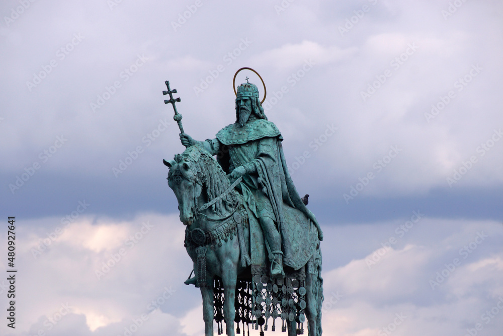 Fototapeta premium Budapest (Hungary). Sculpture of King St. Stephen in the Fisherman's Bastion in the city of Budapest