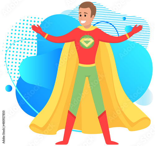 Strong super man smiles and flies to save world stretched out his hand. Brave character in superhero costume with cloak on white background. Cartoon person hurries to protects people from villains