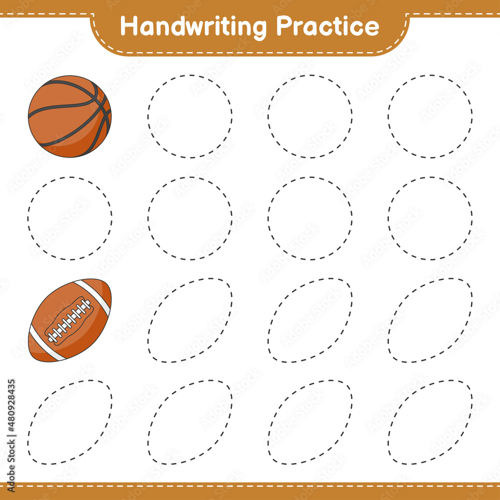 Handwriting practice. Tracing lines of Basketball and Rugby Ball. Educational children game, printable worksheet, vector illustration