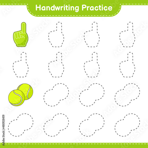 Handwriting practice. Tracing lines of Foam Finger and Tennis Ball. Educational children game, printable worksheet, vector illustration