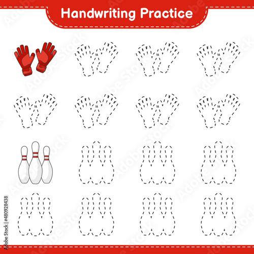 Handwriting practice. Tracing lines of Goalkeeper Gloves and Bowling Pin. Educational children game, printable worksheet, vector illustration