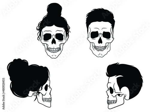 Set of halloween head. Collection of halloween decor sticker. Restroom skeletons. Spooky sign. Vector illustration on white background. 