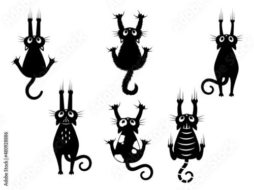 Set of black cats scratching the wall. Collection of silhouettes of funny kitten climbing the wall. Set of peeking cat. Vector illustration of a pet for kids. Tattoo.