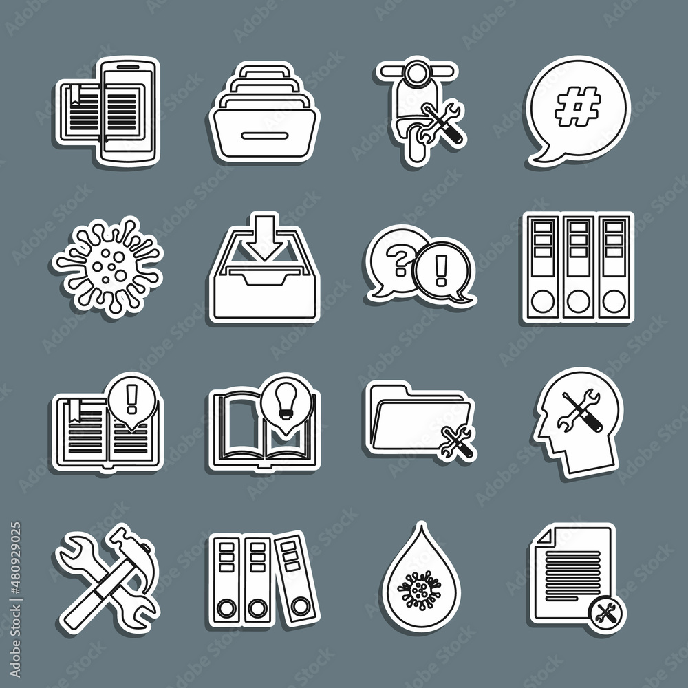 Set line File document service, Human head, Office folders, Scooter, Download inbox, Bacteria, Smartphone and book and Question Exclamation icon. Vector Set line File document service, Human head, Office folders, Scooter, Download inbox, Bacteria, Smartphone and book and Question Exclamation icon. Vector