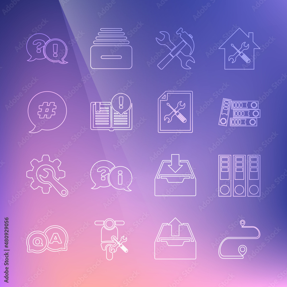 Set line Route location, Office folders, Crossed hammer and wrench, Interesting facts, Hashtag speech bubble, Question Exclamation and File document service icon. Vector Set line Route location, Office folders, Crossed hammer and wrench, Interesting facts, Hashtag speech bubble, Question Exclamation and File document service icon. Vector