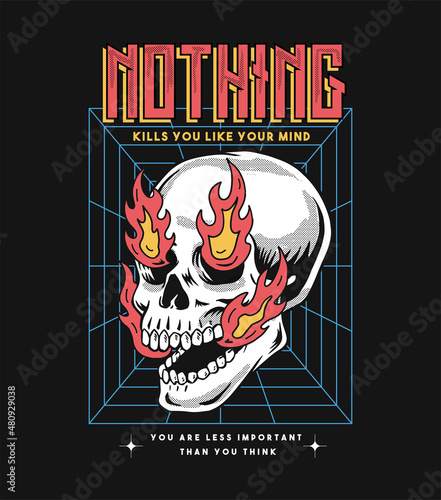 Skull in fire vector illustration, for apparel prints and other uses.